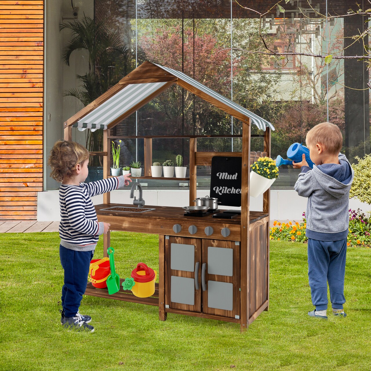 Kid's Mud Kitchen Outdoor Solid Wood Mud Kitchen with Canopy - 39.5" x 16.5" x 49.5"(L x W x H)